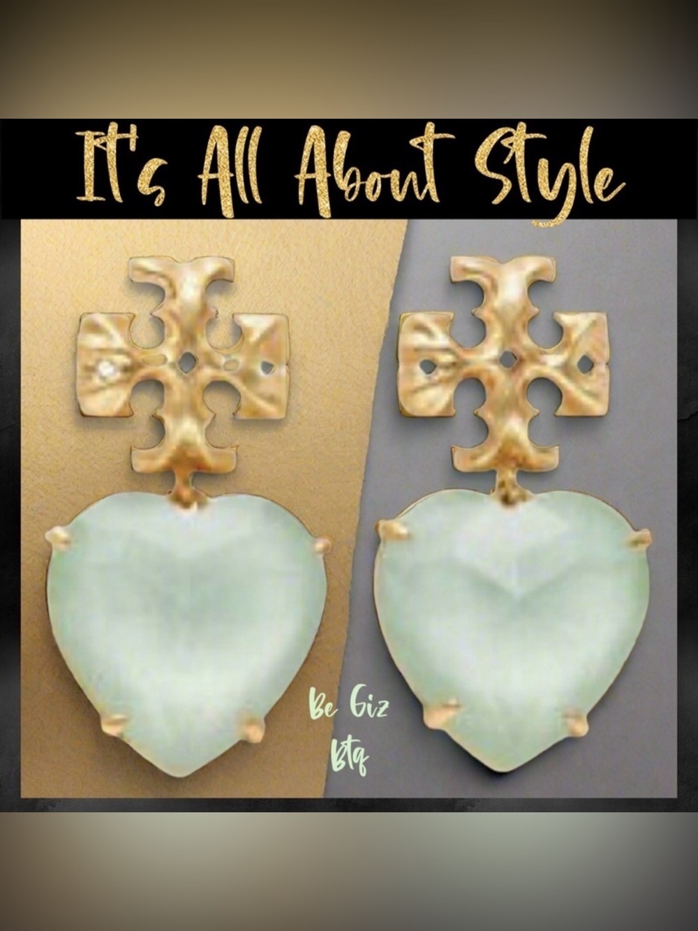 Tory Burch Authentic Roxanne Gold & Crystal Heart Earrings Soft Mint Green NWOT - Picture 4 of 11
